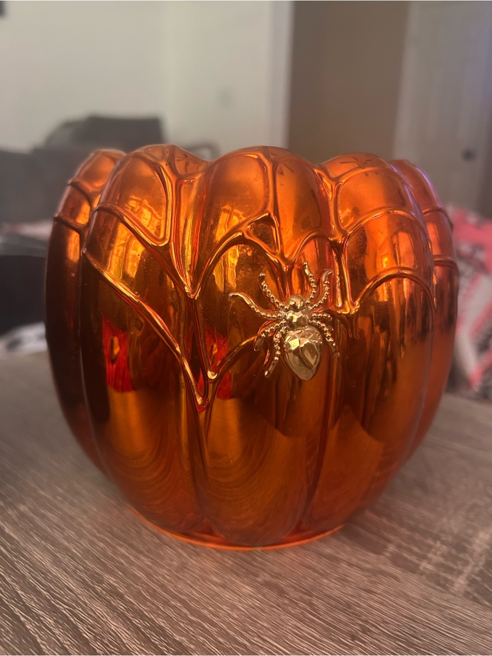 Bath & Body Works Metallic Orange Pumpkin Candle Holder with Gold Spider Accent